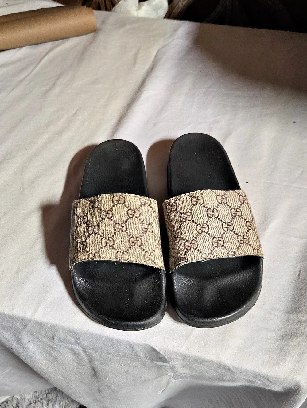 Gucci GG Canvas Slide Sandals in Black & Brown